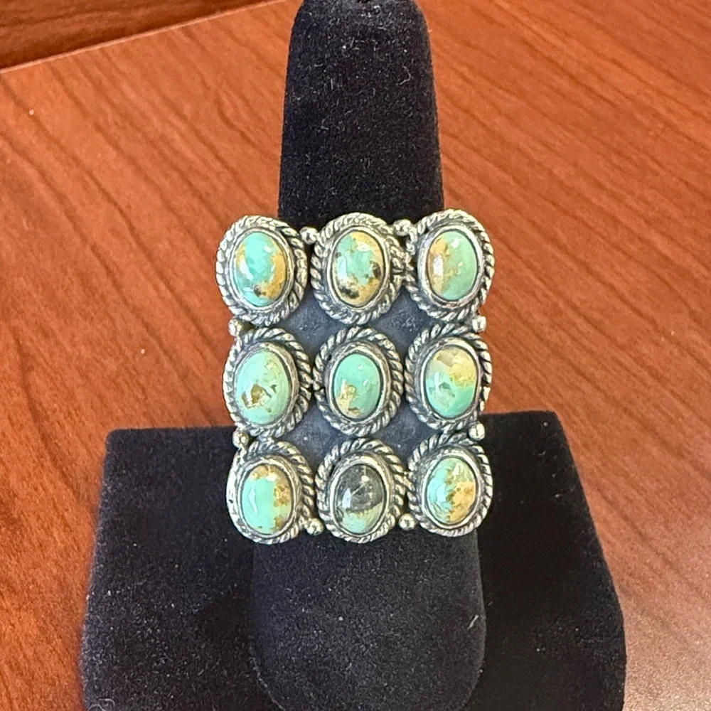 925 Sterling Silver and Black Jack Turquoise Rectangular Statement Ring Size 8